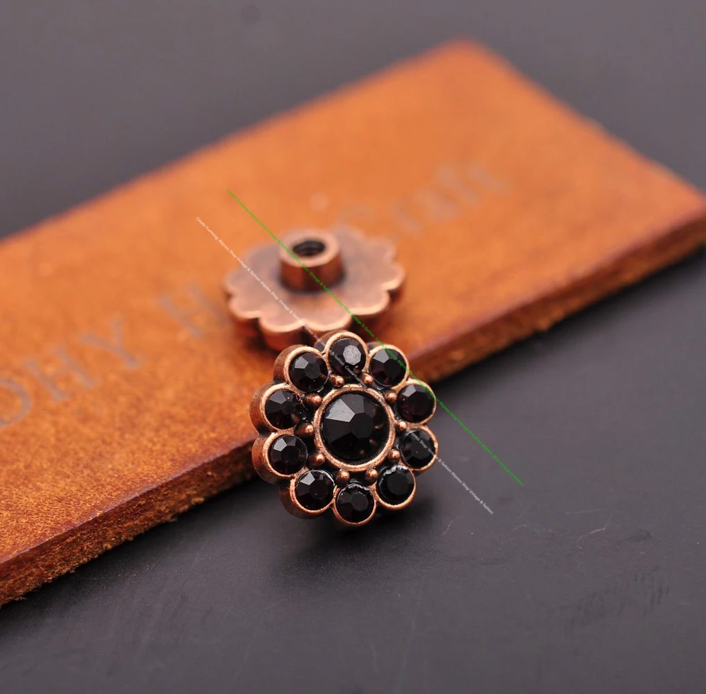 10pcs 14mm Retro Copper Black Rhinestone Crystal Flower Rivet Stud Concho Screwback For Leathercraft Belt Bag Clothing Decor