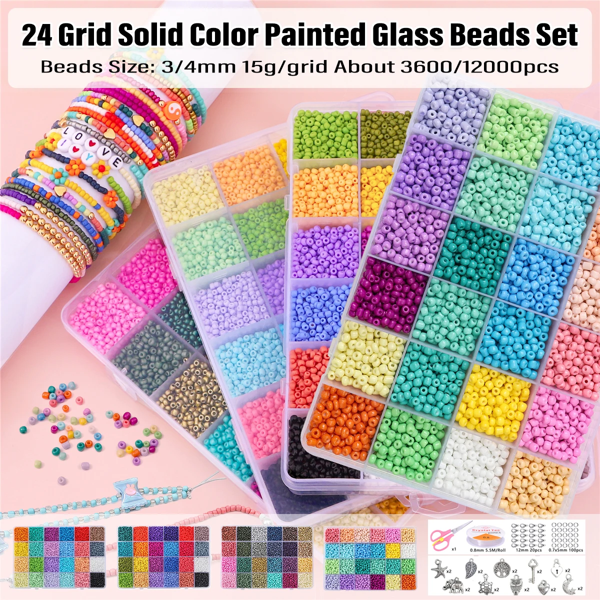 

3/4mm 24 Grid Solid Color Paint Rice Beads Set For DIY Jewelry Making Bracelet Necklace Accessories 15g/grid About 1600/12000pcs