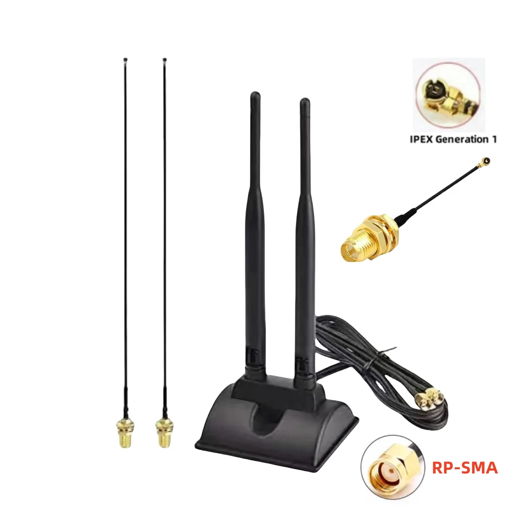 Antenne double bande 2,4 GHz 5 GHz double antenne WiFi avec connecteur mâle RP-SMA base magnétique pour carte réseau WiFi PCI-E USB WiFi A