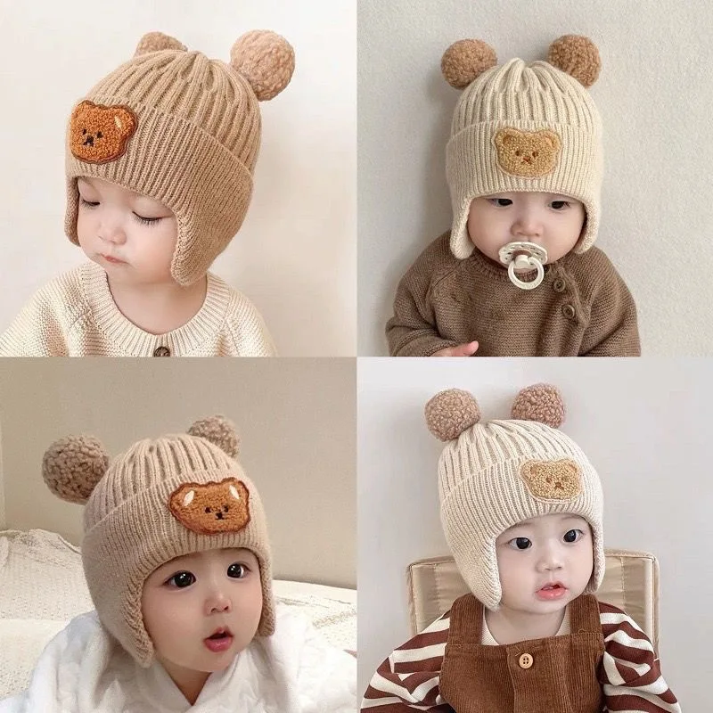 

Korean Knitted Baby Cap With Earflaps Cute Bear Pompom Kids Hat Beanie Warm Autumn Winter Boys Girls Ear Protection Bonnet Caps