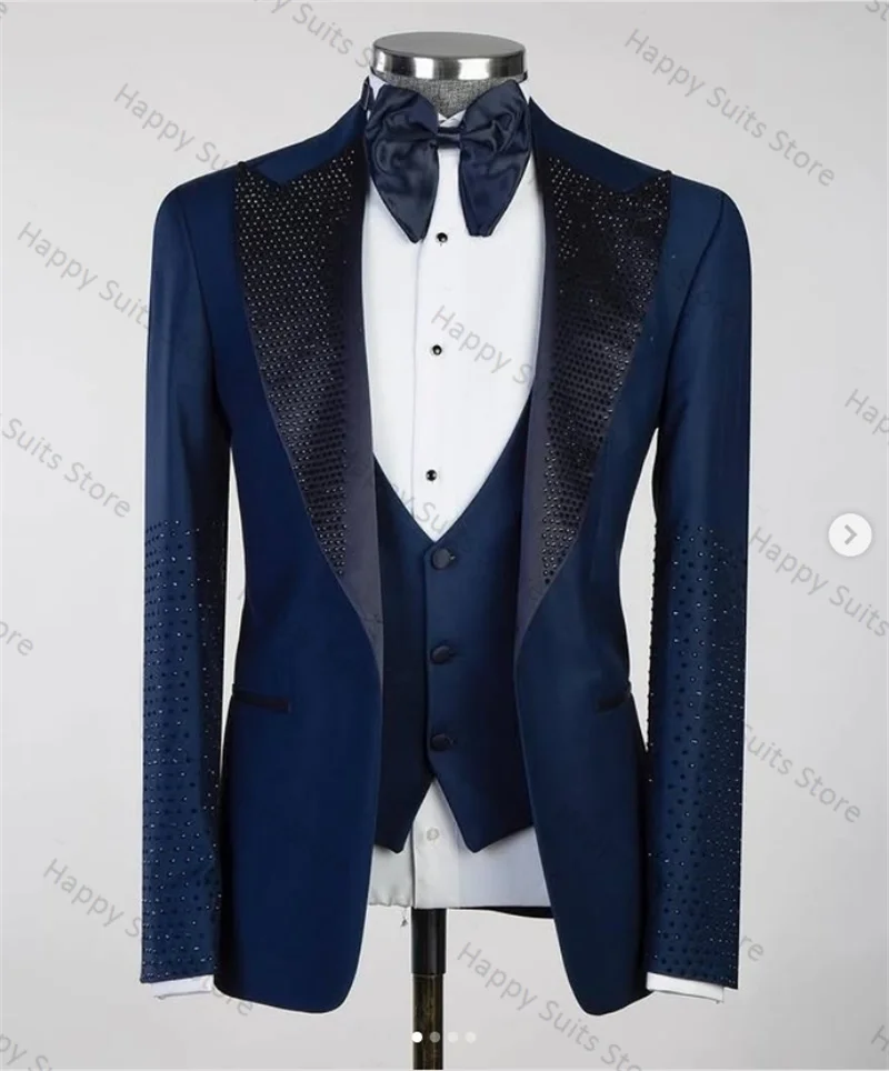

Blue Men Suit Pant Set 2 Pcs Beaded Blazer+Black Trousers Work Office Business Jacket One Button Coat Prom Wedding Tuxedo