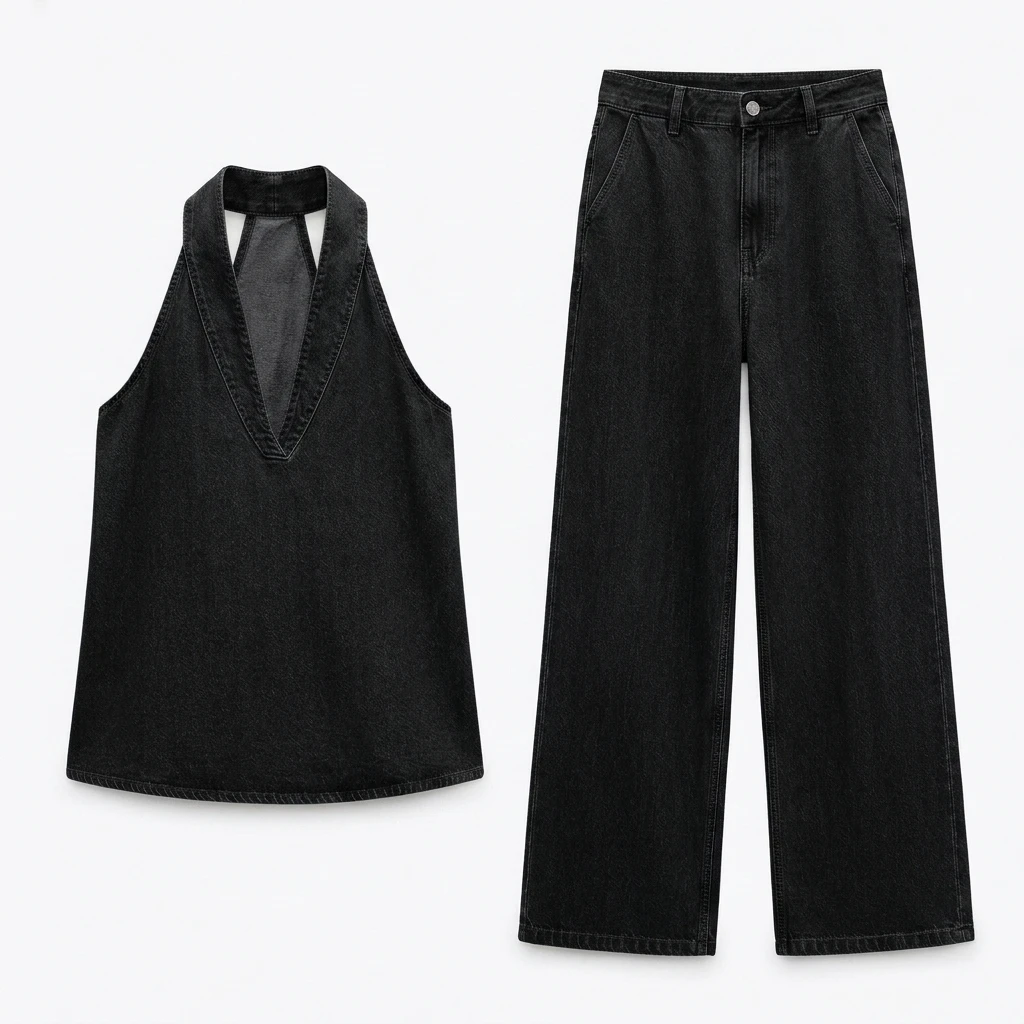 

Женский джинсовый комплект Freeacy: топ-халтер с V-образным вырезом и джинсы с высокой талией и широкими штанинами для отпуска и свиданий