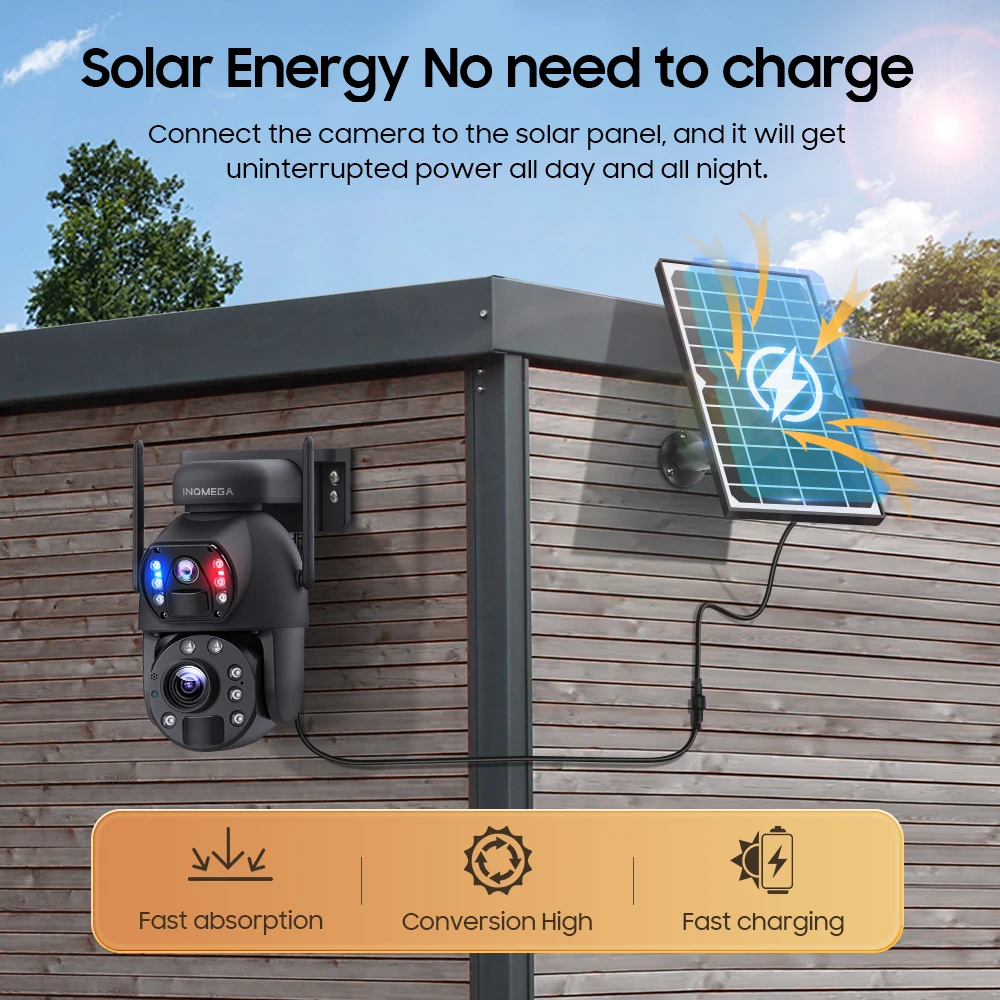 INQMEGA 4K 8MP Solar Surveillance Camera Outside Solar Powered CCTV Dual Lens Dual View Extension Cord Built in Batteries Home