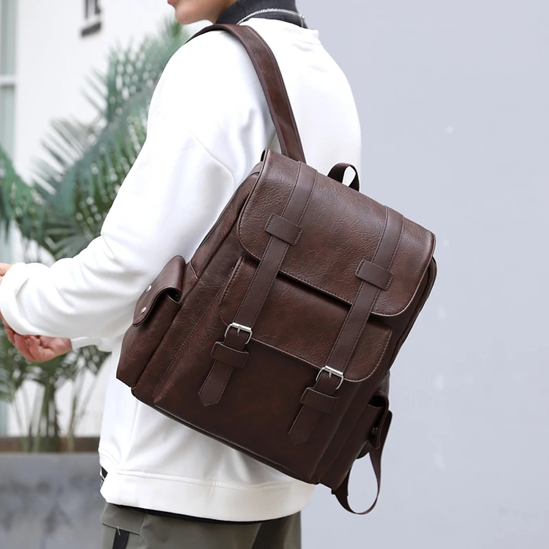 2023 männer Rucksack PU Leder Rucksack Große Laptop Rucksäcke Männlichen Mochilas Schwarz Schulranzen Für Jugendliche Jungen Braun Sac A Dos – Detail 13