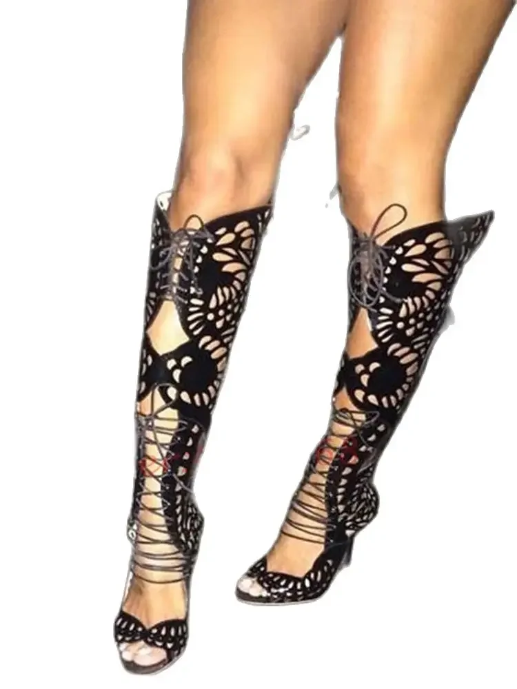 Butterfly Wings Long Sandals Women Sexy Cross Tied Black High Heels Hollow Out Puttee Shoes Lace-up Casual Summer Party Sandals