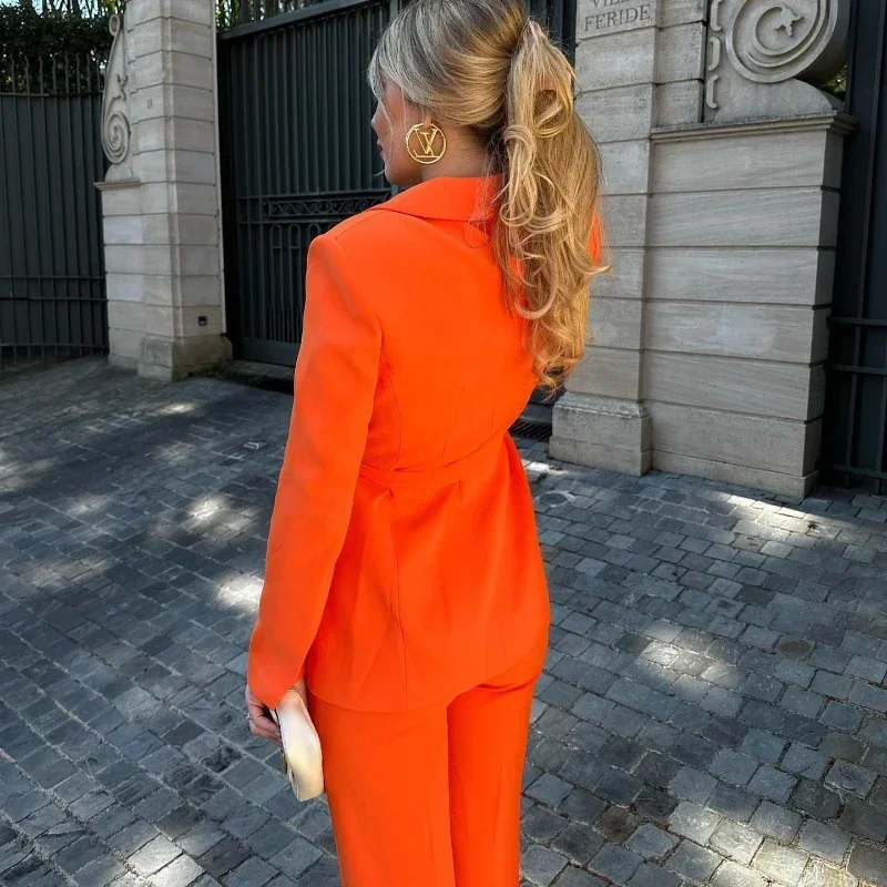 Woman\'s Bow Belt Blazer Pants Suit Lapel Long Sleeve Slim Jacket Coat High Waist Vertical Straight Leg Pants New Female Chic Set