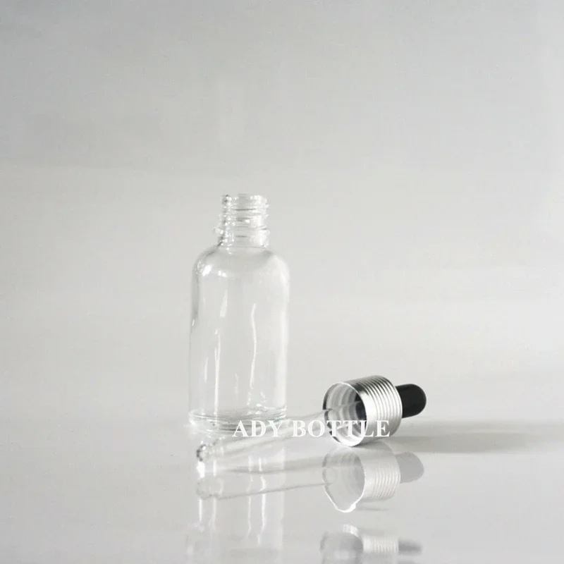 Bouteille d'huile essentielle transparente réutilisable, compte-gouttes à tête en caoutchouc noir, récipient en verre, bouchon en fil d'argent, cosmétique, 5 ml, 10 ml, 15 ml, 20 ml, 30 ml, 50 ml, 100ml