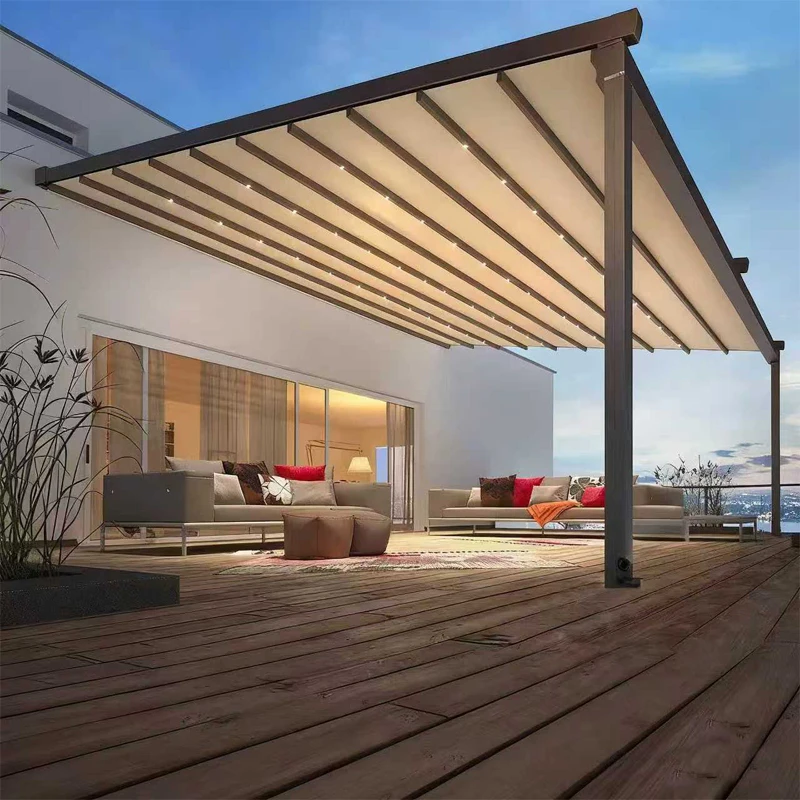 Outdoor Electric PVC Aluminum Alloy Retractable Roof System with Waterproof Sunshade for Balcony & Rain Canopy-Remote Control