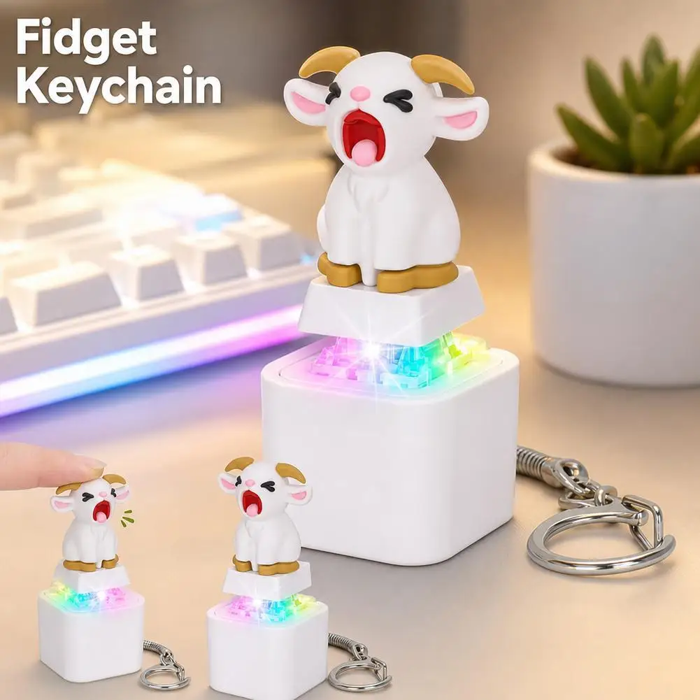Screaming Goat Keychain Keycap Fidget Toy, Sheep Finger Clicker With Light Sound, Animal Push Button Decompression Keychain view 2