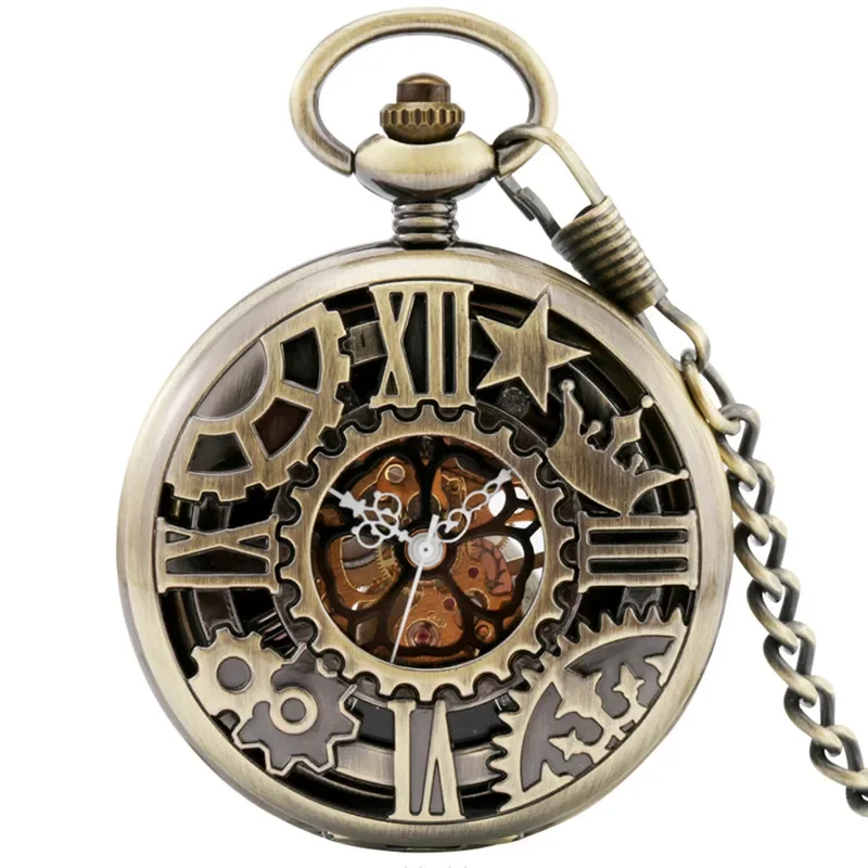 Bronze Unisex Skeleton Handwind Mechanical Pocket Watch Roman Number FOB Chain Half Hunter Case Vintage Timepiece