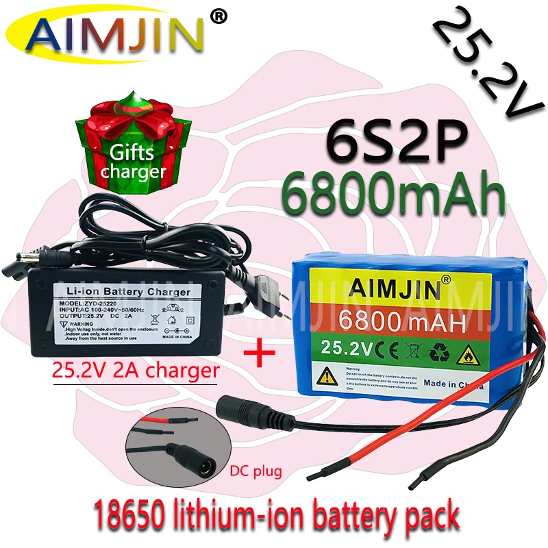 25.2V 24V 6S2P 68000mAh 18650 Lithium Battery Pack 24V with BMS for Rechargeable battery  + 2A charger