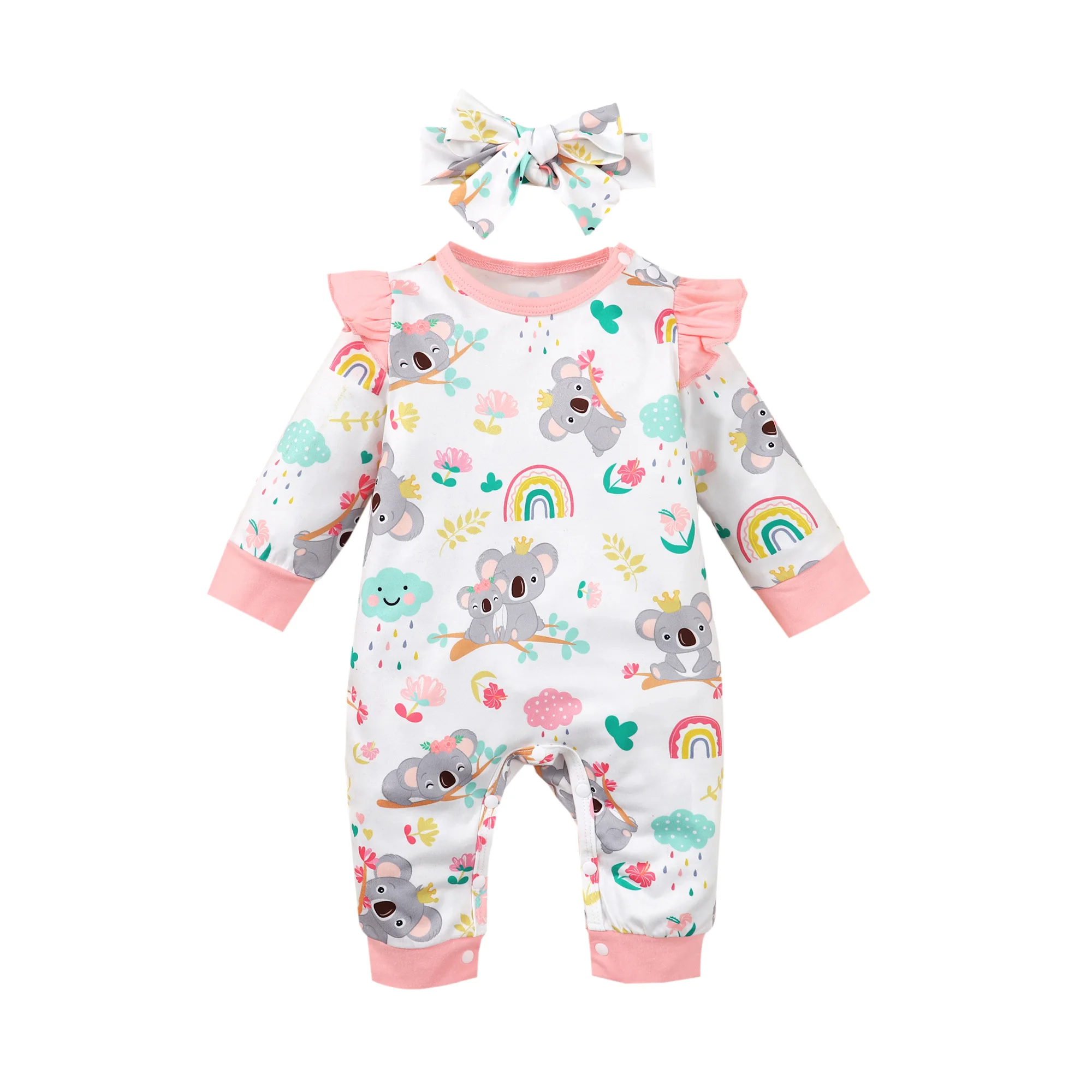 

New Long Sleeve Rompers Baby Girls Cute Koala Pattern Jumpsuit Newborn Baby Bodysuit Clothes with Headband Baby Girl Romper