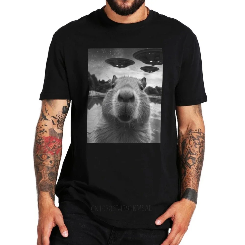 Capybara Selfie With UFOs T Shirt Funny Graphic Weird T-shirt For Men Women Cotton Unisex Soft Tops EU Size