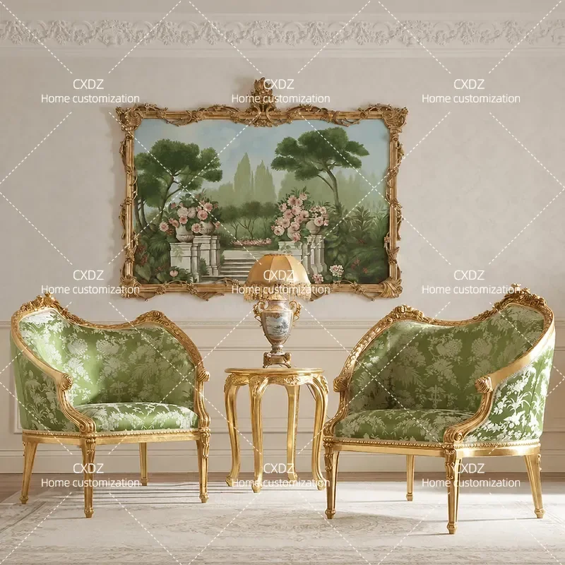 French Style Solid Wood Leisure Chair Gold Foil Comb Back European Villa Fabric Luxury Furniture High Quality Home Decor