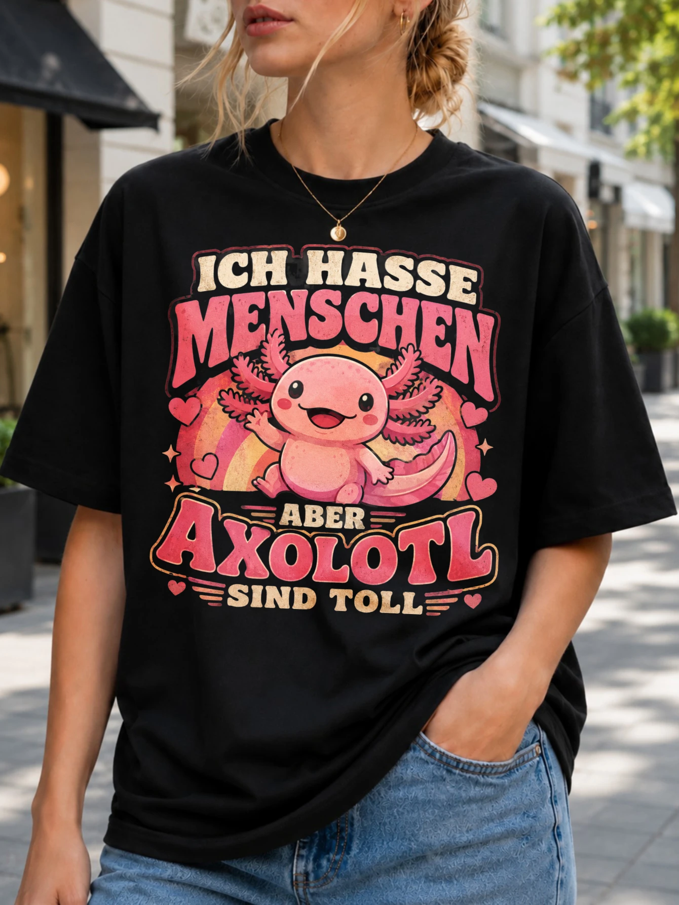 Ich Hasse schen Aber Axolotl Sind Toll vintage cute axolotl graphic with hearts and warm retro  Unisex All T-Shirt
