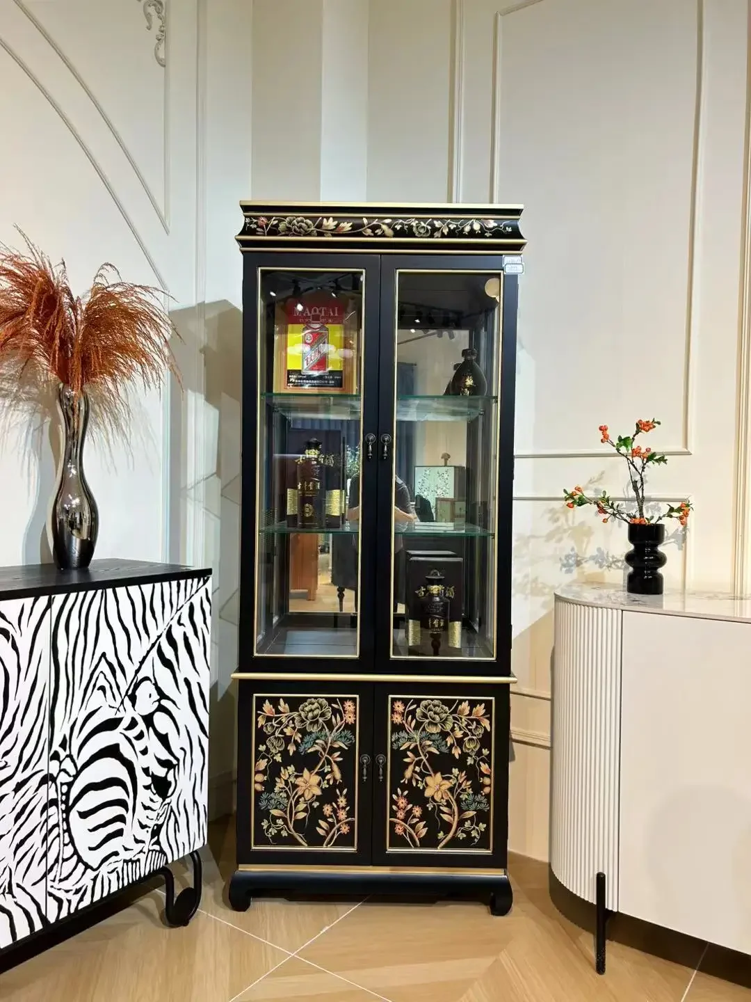 FG10American retro wine cabinet Chinese painted handmade glass display decorative cabinet