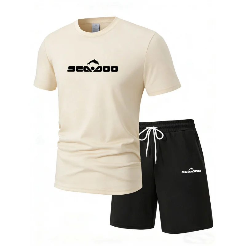 Sea Doo Seadoo Moto Printed Men's Running T-Shirt And Shorts Set Casual Elastic round Neck Sports Suit Quick Dry Comfortable view 3