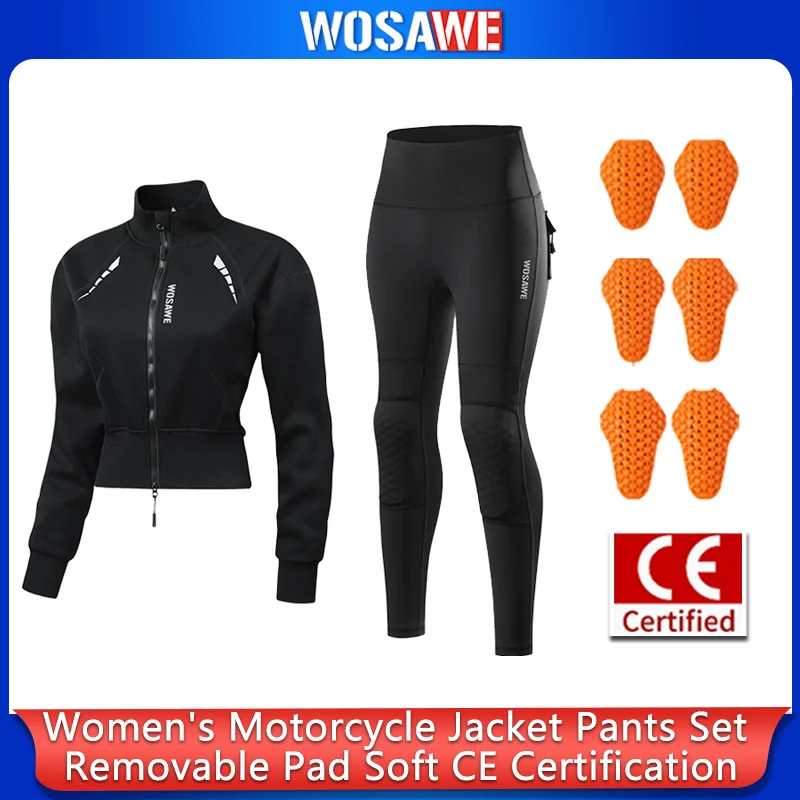 WOSAWE Women Motorcycle Riding Suit Autumn Winter Warm Crop Jacket Pants Set with Removable Shoulder Elbow Knee Pads Moto Gear