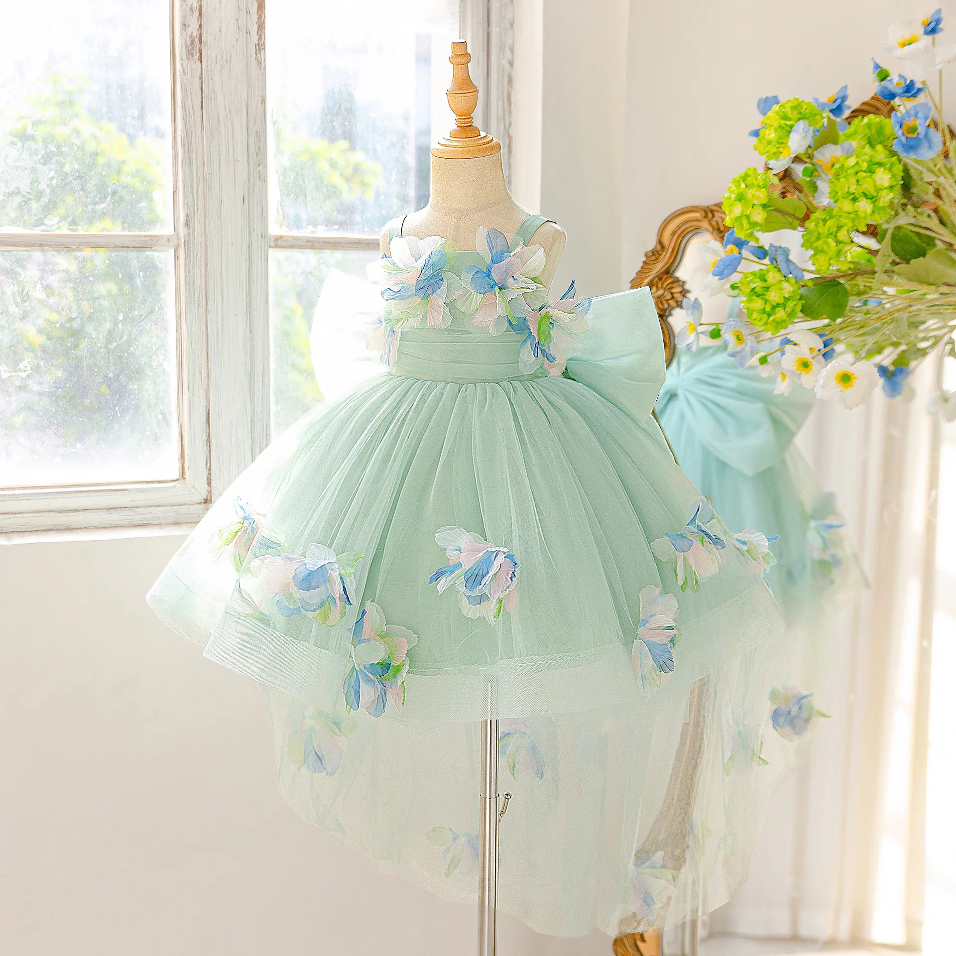 Baby Girl Fairy Flower Dress 3D Floral High Low Tulle Princess Dress Ball Gown Garden Party Wedding Birthday Formal Gown Luxury