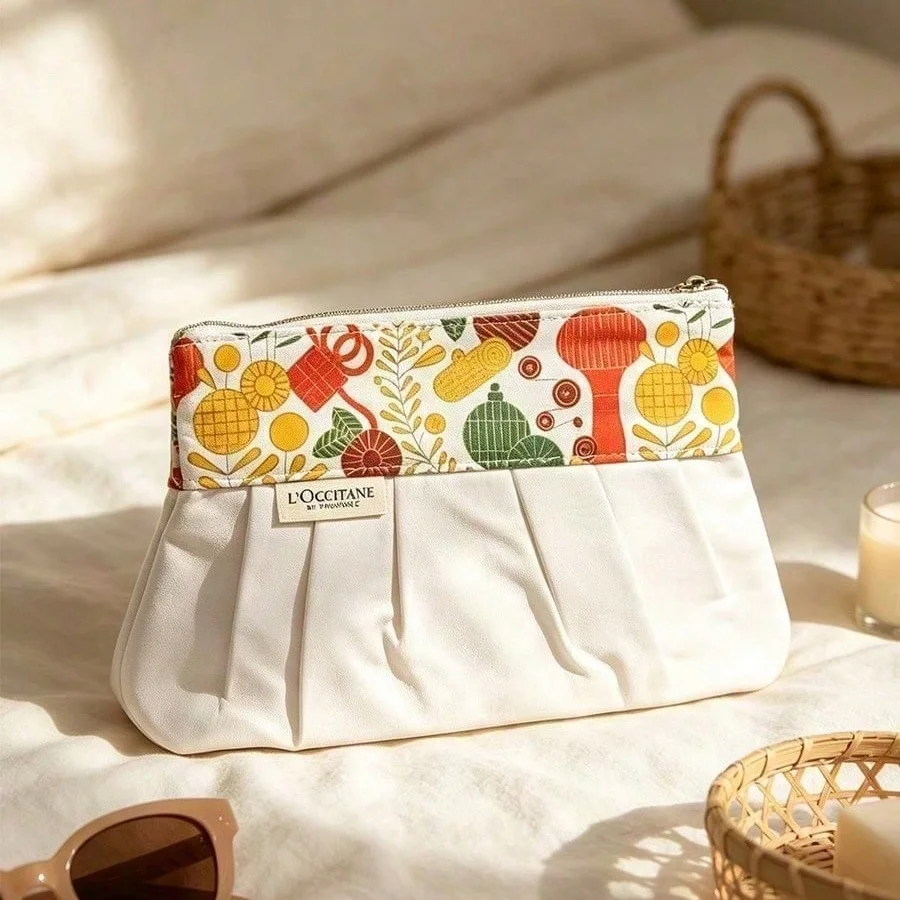 LOCCITANE Vintage Printed Ruffled Fabric Zipper Cosmetic Bag,Large‑Capacity Portable Toiletry Pouch for Travel Home Holiday Gift