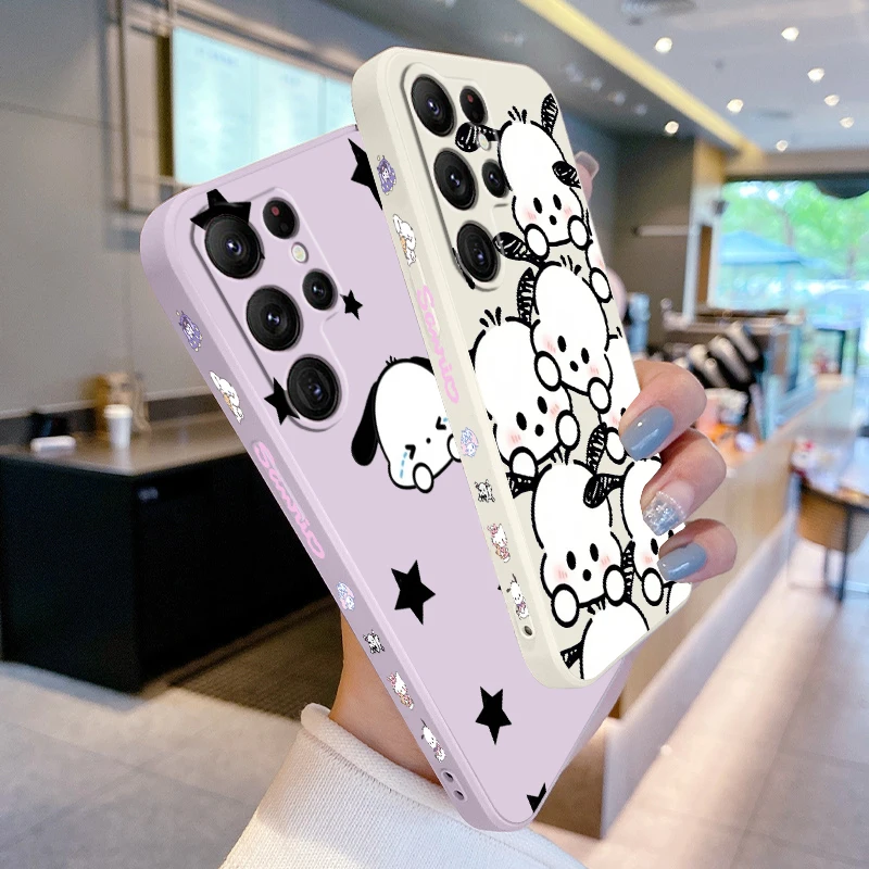 Cute Pacha Dog Sanrio Liquid Left Rope For Samsung Galaxy S24 S23 S22 S21 S20 FE S10 Ultra Plus Lite 5G Cover Soft Phone Case