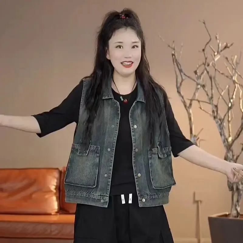 Sli Loose Women's Denim Vest Spring Autumn Faion Outerwear Trendy European Sle ort Coat Casual Straight Cut Design