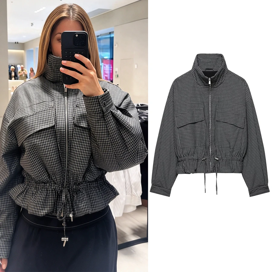 Women Cropped Plaid Jacket Women Stand Collar Drawstring Waist Long Sleeve Big Pocket Zip Up 2026 Autumn Chic Loose Lady Coats