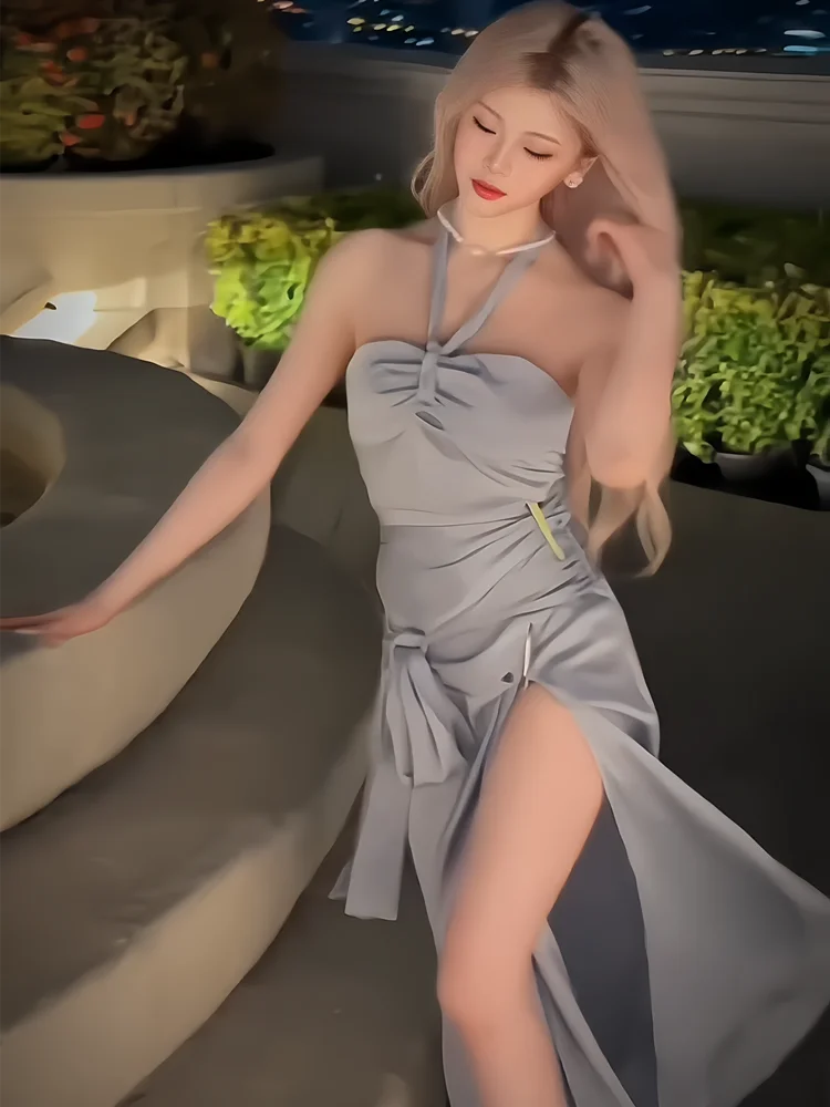 

Romantic Dry Blue Summer Long Dr Women's Ne Hanging Floor Length Draped Gown Sexy Vacay Outfit Crystal Xuan Brand