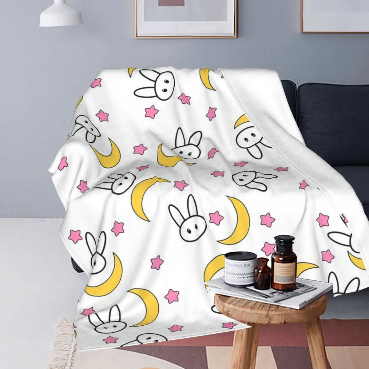 Cute Moon Bunny And Stars Blankets Flannel Throw Blanket Multi-function Throw Blankets for Bedroom Travel Throws Bedspread Quilt