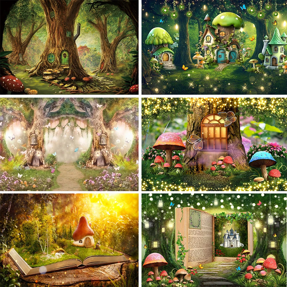 Fantasy Camouflage Forest Backdrop Mushroom Baby Fairy Tale Amusement Park Princess Birthday Party Photography Banner Backdrop