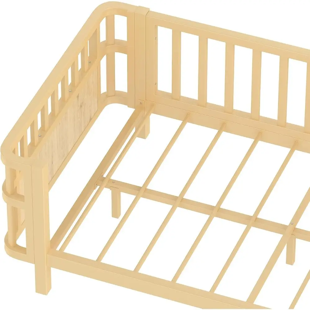 Metal Twin Size Montessori Bed with Fence and Slats, Twin Size Low Platform Bed Frame with Detachable Side Bed Rails and Rounded