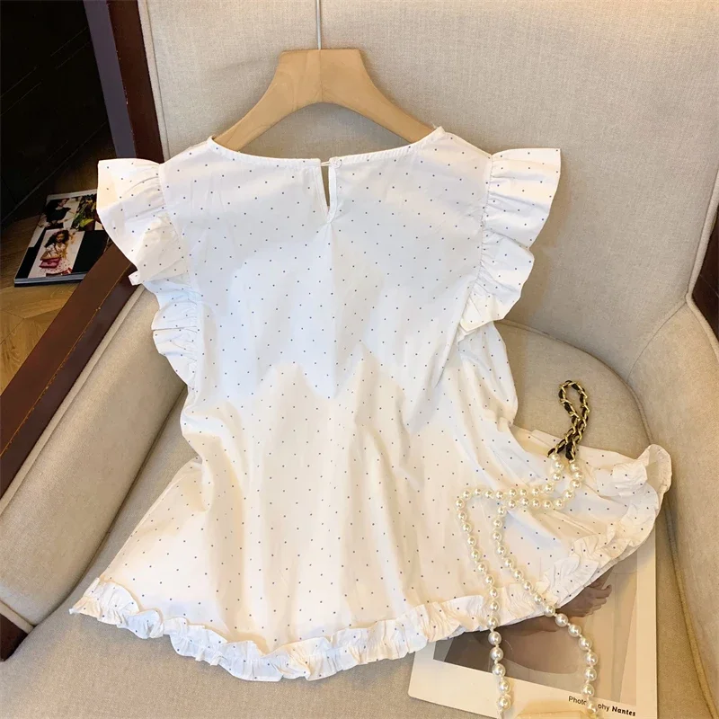 موضة منقطة قمصان المرأة الصيف جديد طباعة الأبيض تحلق كم البلوزات امرأة الحلو الكورية الأحمر تصميم غير رسمي الإناث بلايز