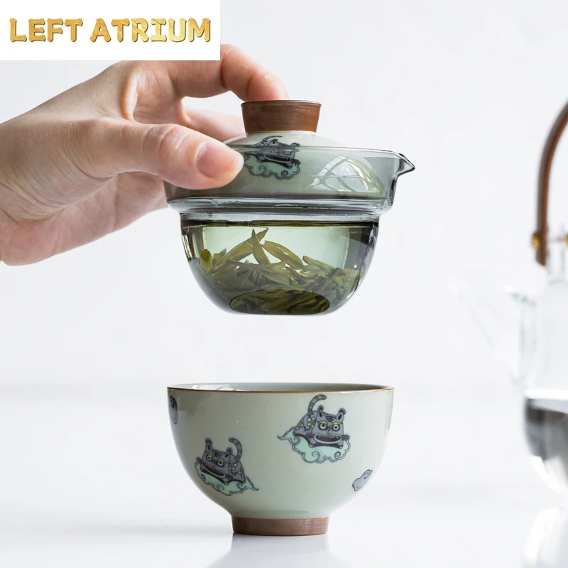 Portable Kungfu Teapot Set,Ceramic Glaze Tiger Tea set with 2 cup for One Set in Travel Bag,Gongfu Tea Pot for Tea Lovers