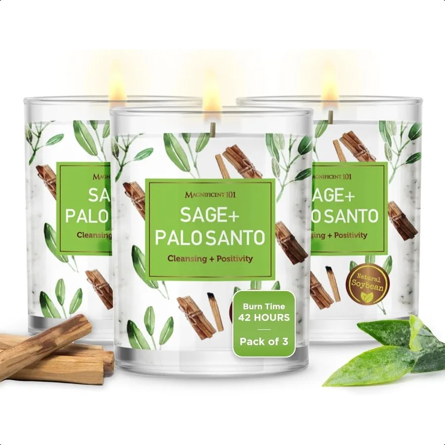 

3 долговечных свечи Pure Sage + Palo Santo, 3,5 унции, каждый 42-часовые ожоговые натуральные органические соевые свечи для домашнего очищения, энергии a