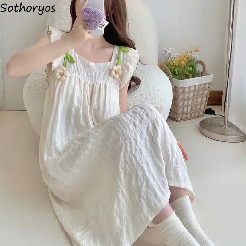 Summer Nightgowns Women Flower Appliques Sweet Padded Sleepwear Baggy Prairie Chic Aesthetic Korean Fashion Home Lounge Girls