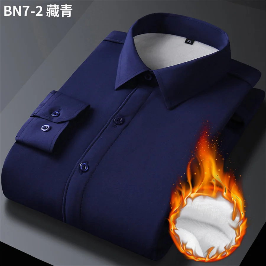 2026 Men's Autumn Winter Long Sleeve Shirt White Warm Fleece Plain Shirts Formal Business Office Wear Dress Shirts Plus Size 5XL