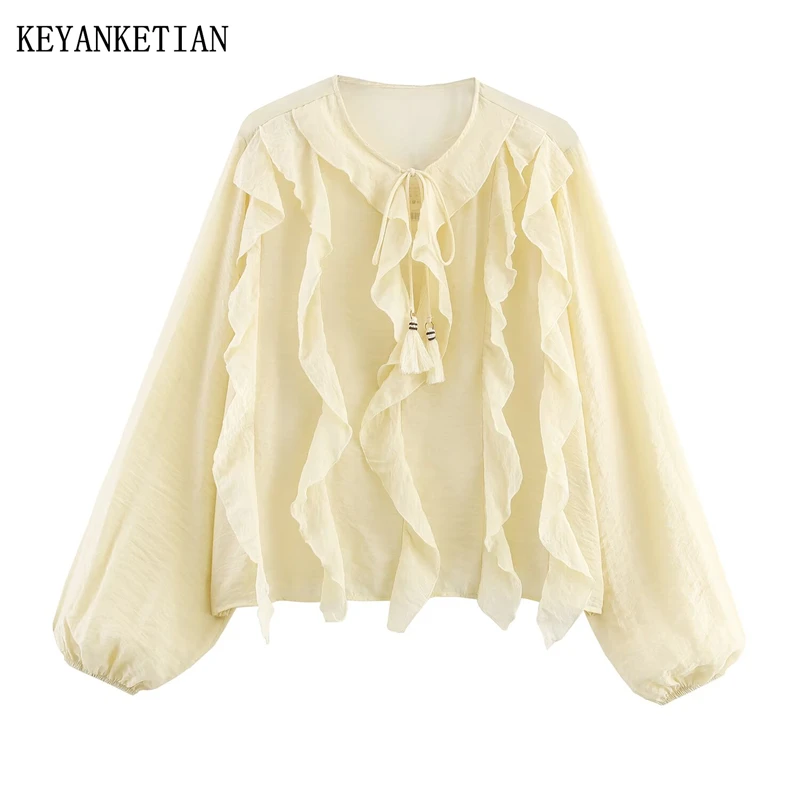 

Новая летняя женская рубашка с круглым вырезом и кисточками на шнуровке с рюшами и рукавами-фонариками, женский повседневный топ