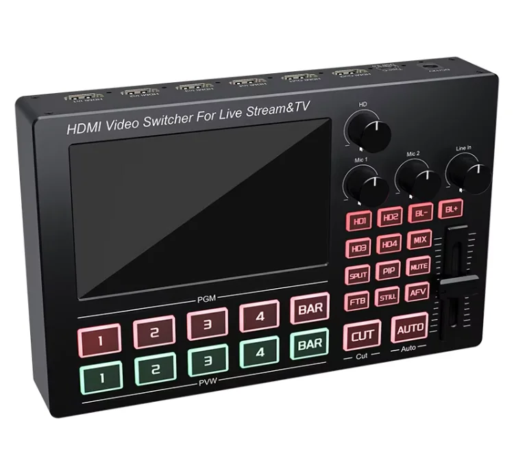 1080P 4 in 2 Out HDMI Video Switcher with IPS Screen Multiple Camera HDMI Live Stream Video Mixer Switch Mic Line in Audio PIP