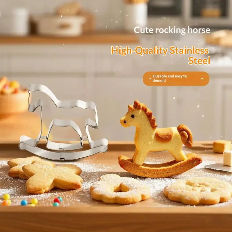 2026 Year of the Horse Cookie Cutter - Stainless Steel Rocking Horse Mold for Fondant & Biscuits, Easy Release Design