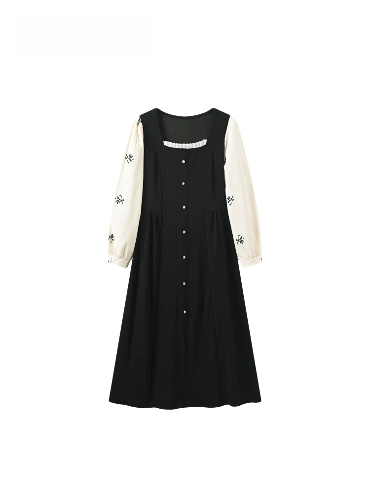 

plus Size Long Sve Square Collar Dr Women's Spring Faion Slimming Age-Defng Patchwork Dres French Sle A-Line S...