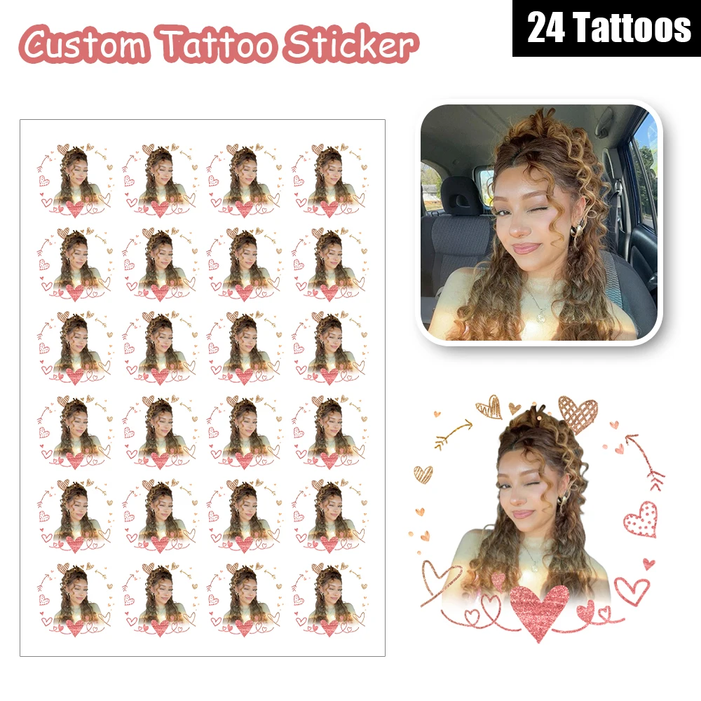 24 modèles rose amour coeur rond Avatar cadre tatouages temporaires personnalisés personnalisé Photo visage tatouages animal de compagnie et Couple