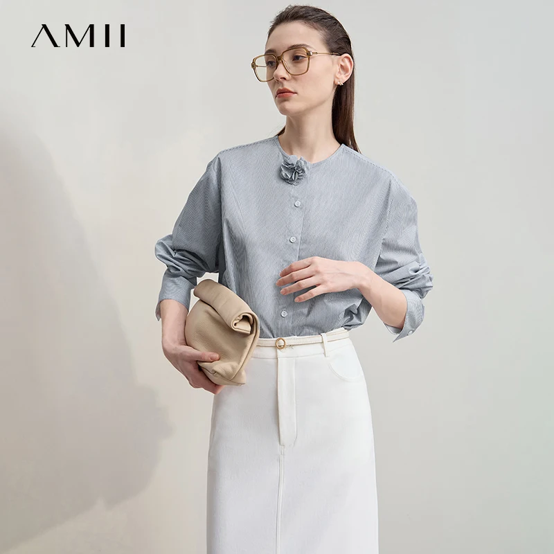 AMII Women's Shirt 2025 Autumn New Clothing Three-dimensional Decoration Cotton O-neck Striped Blouse Loose Top 12543171