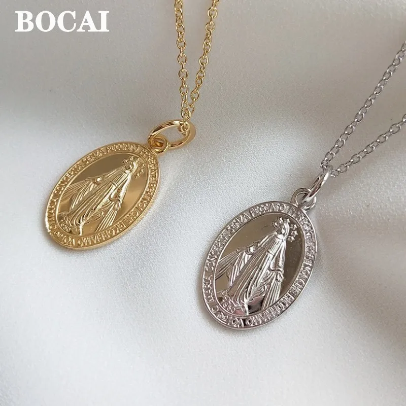 BOCAI joyería de plata auténtica S925, colgante de collar María con etiqueta redonda personalizada, exquisito y minimalista, a la moda, para mujer