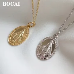 BOCAI Real S925 Silver Jewelry Fashionable Exquisite and Minimalist Personalized Round Label Maria Necklace Pendant for Women