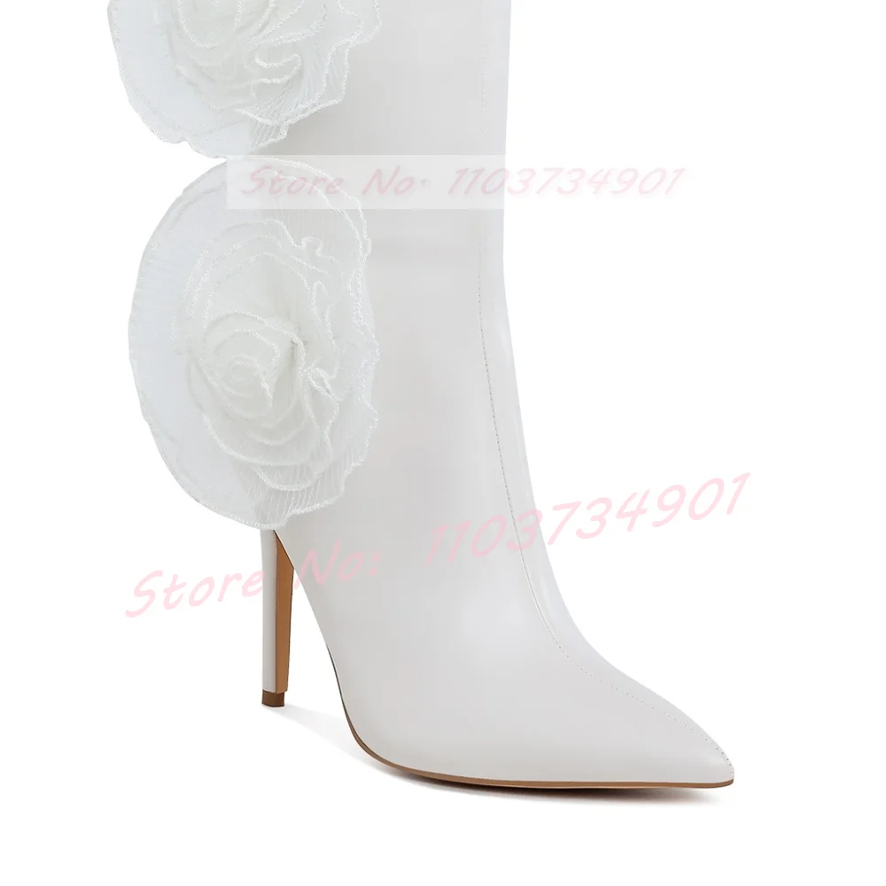 Flor malha botas altas moda feminina sexy grande rosa lado zíper apontou toe sapatos de salto alto feminino elegante festa botas de noite