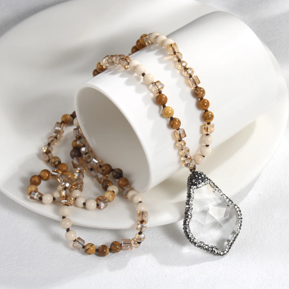 New Fashion Bohemian Women's Jewelry 6mm Natural Stone Glass Knot Necklace Rhinestone Edge Glass Drop Pendant Necklace