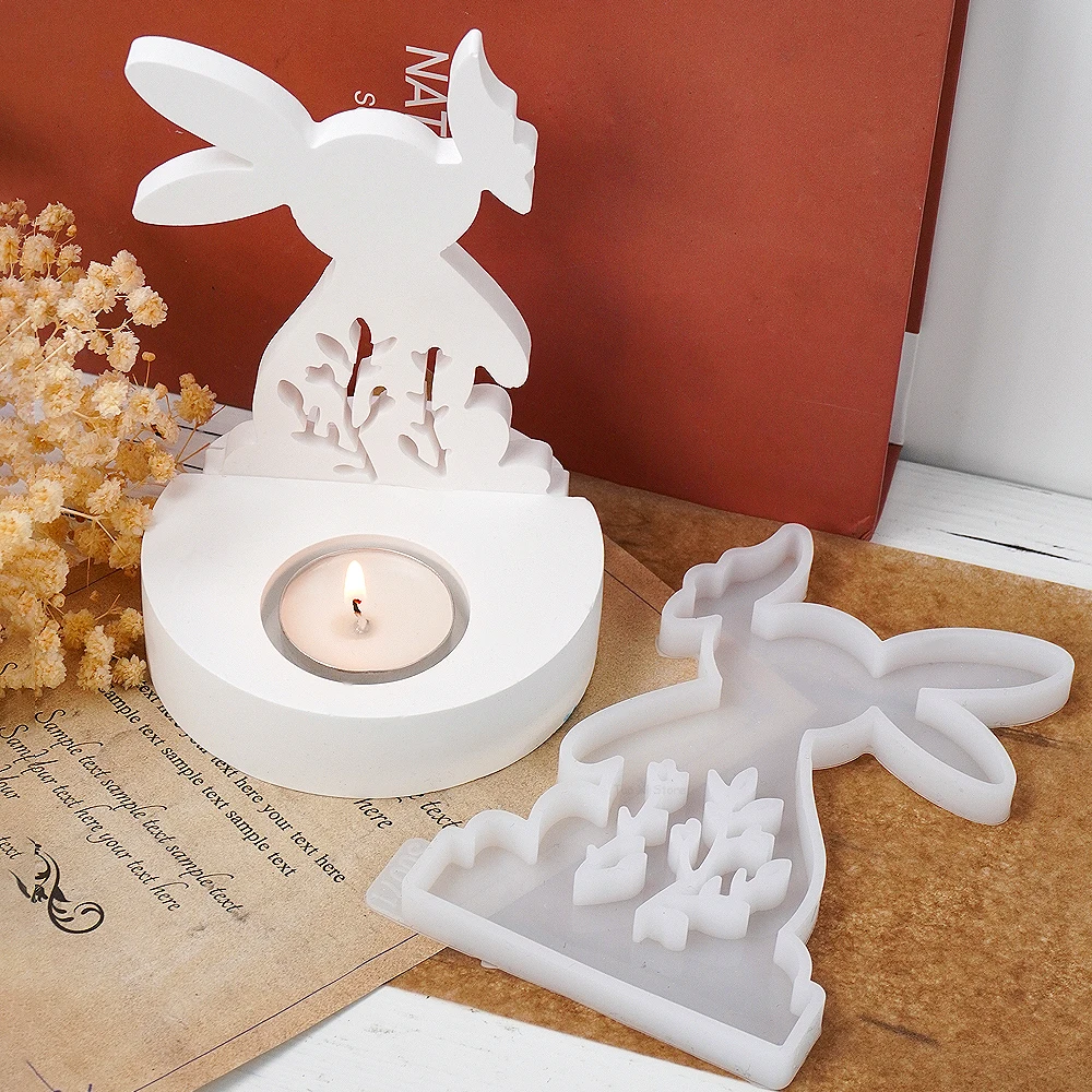 DIY Rabbit Kiss Butterfly Candle Holder Mold Easter Bunny Silicone Molds Plaster Concrete Resin Candlestick Making Home Decor