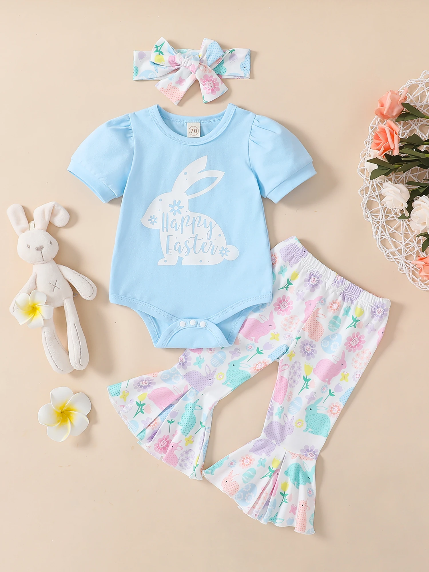 

Easter Toddler Girls Outfits Set Bunny Rabbit Print Short Sleeve Romper Floral Pants Bow Headband 3Pcs Clothing Set