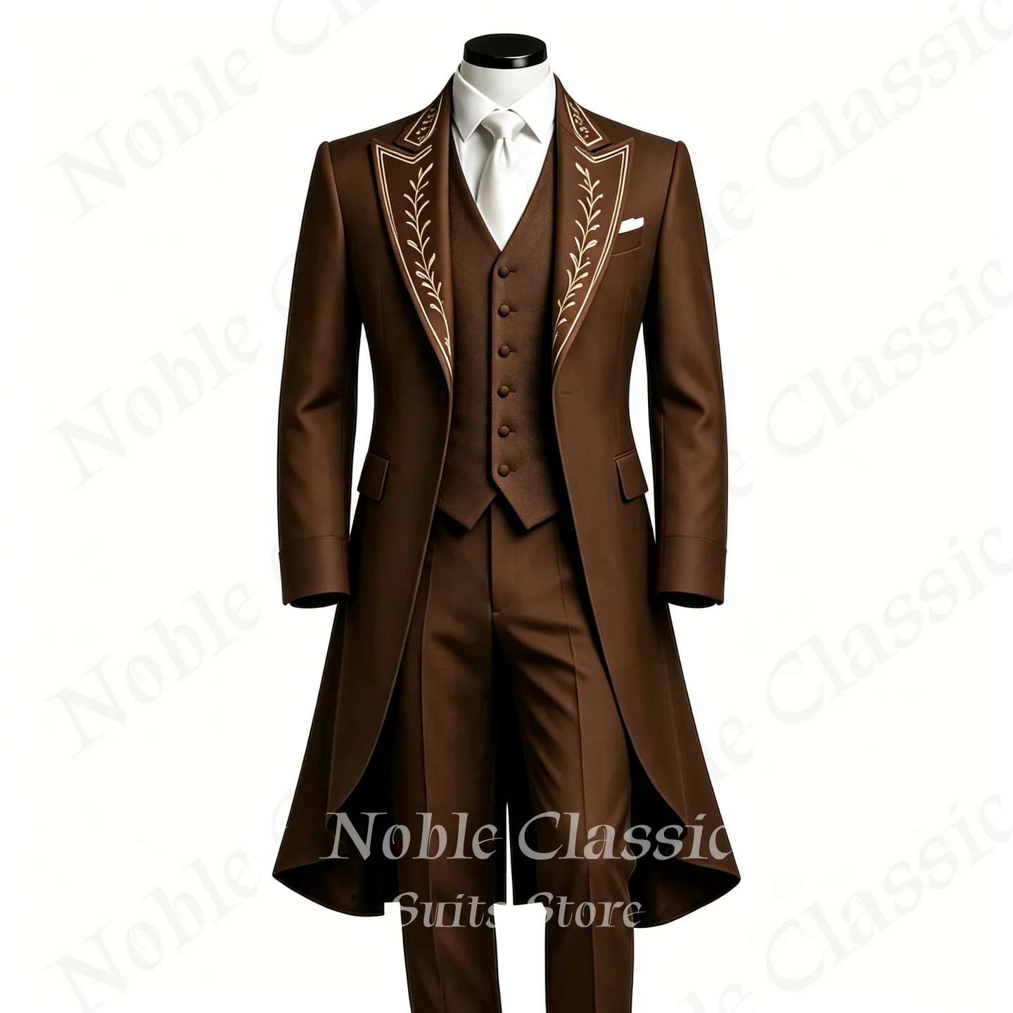 Black Long Frock Coat 3 Pieces Suit Gold Embroidery Jacket Vest Pants Set Gothic Victorian Style Formal Wedding Prom Customized