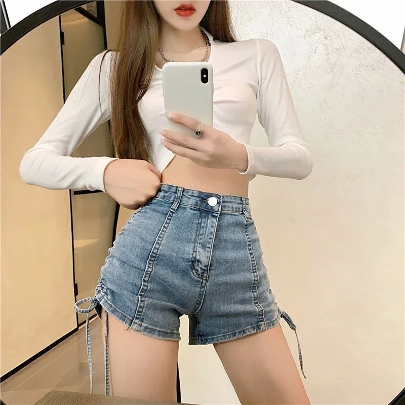 여름 Coquette Strappy Short Jean Pants 여성 하라주쿠 패션 신축성있는 저렴한 야외 디자인 XL 여성용 데님 반바지의 새로운 기능